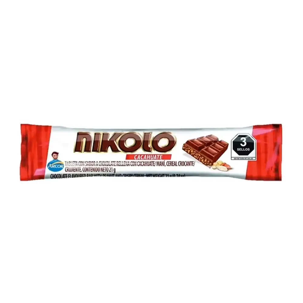 Tableta nikolo con sabor a chocolate y relleno de cacahuate, 21g