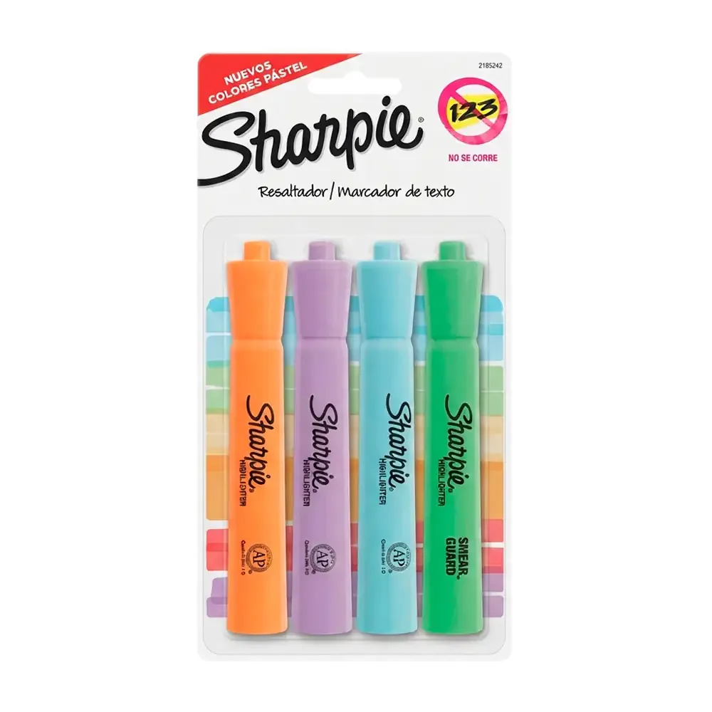 Blíster con 4 marcatextos - resaltadores sharpie en tonos pastel, variedad de colores