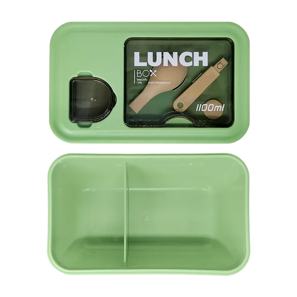 Tupper rectangular de plástico con 2 compartimentos, cuchara y mini recipiente multiusos, variedad de colores 1100ml / fh121