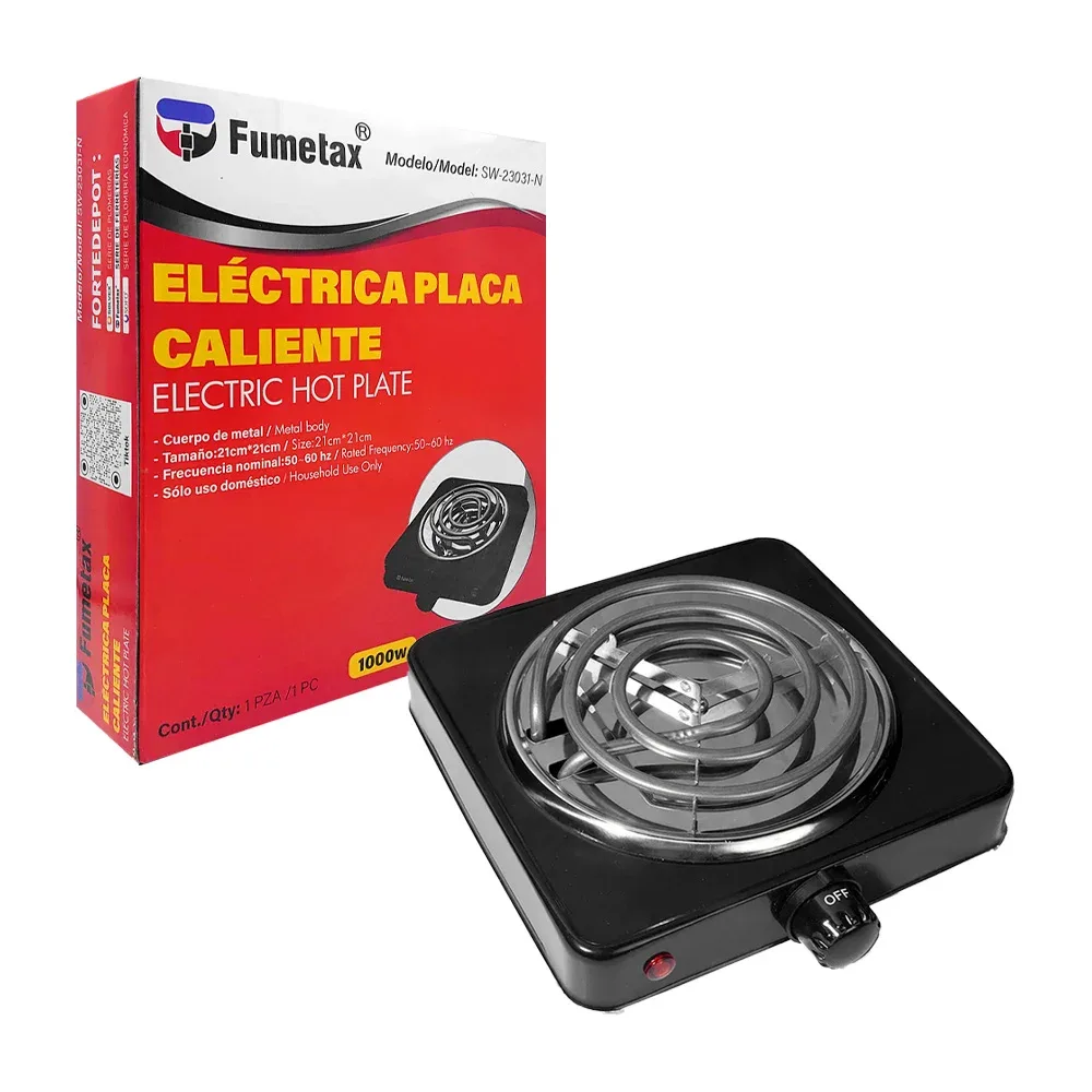 Parrilla eléctrica fumetax metálica color negra de 21x21cm con resistencia en espiral, 1000w / sw-23031-n
