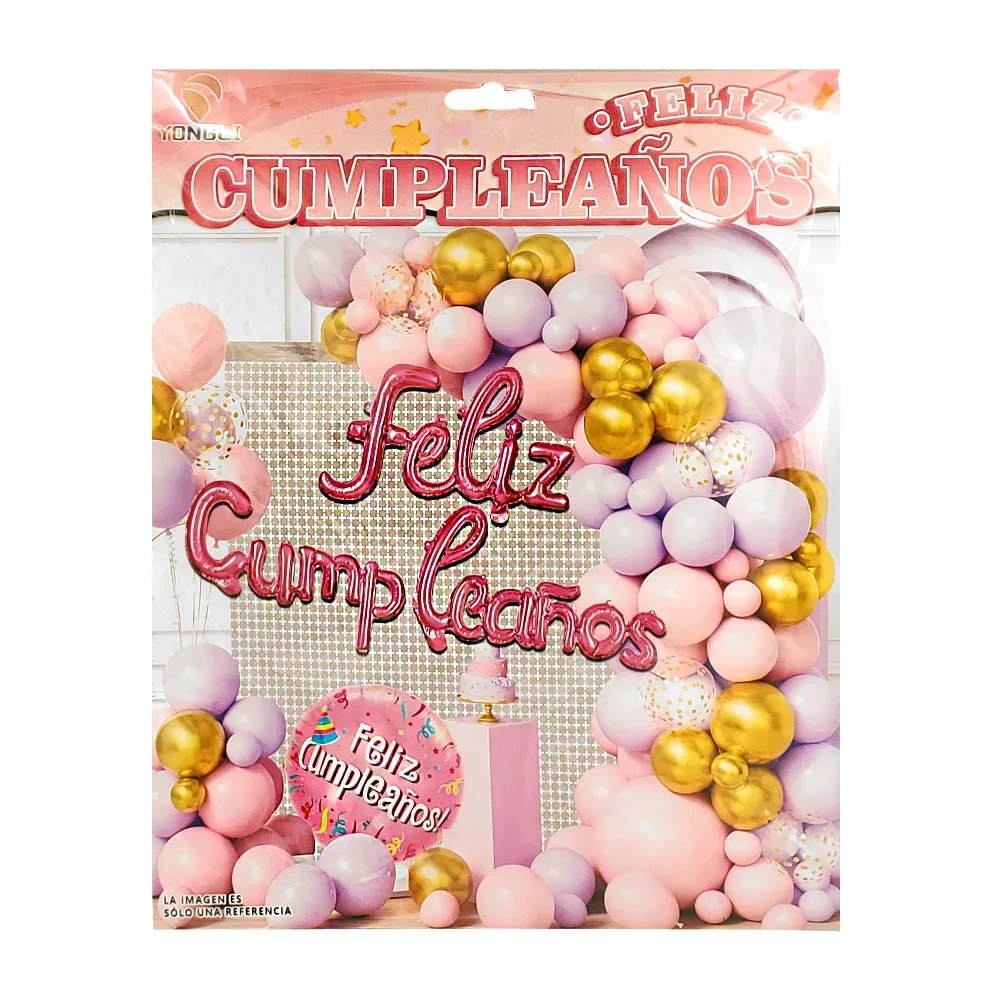 Kit decorativo de 58 pz, tono rosas y morados + globo feliz cumpleaños y cortina