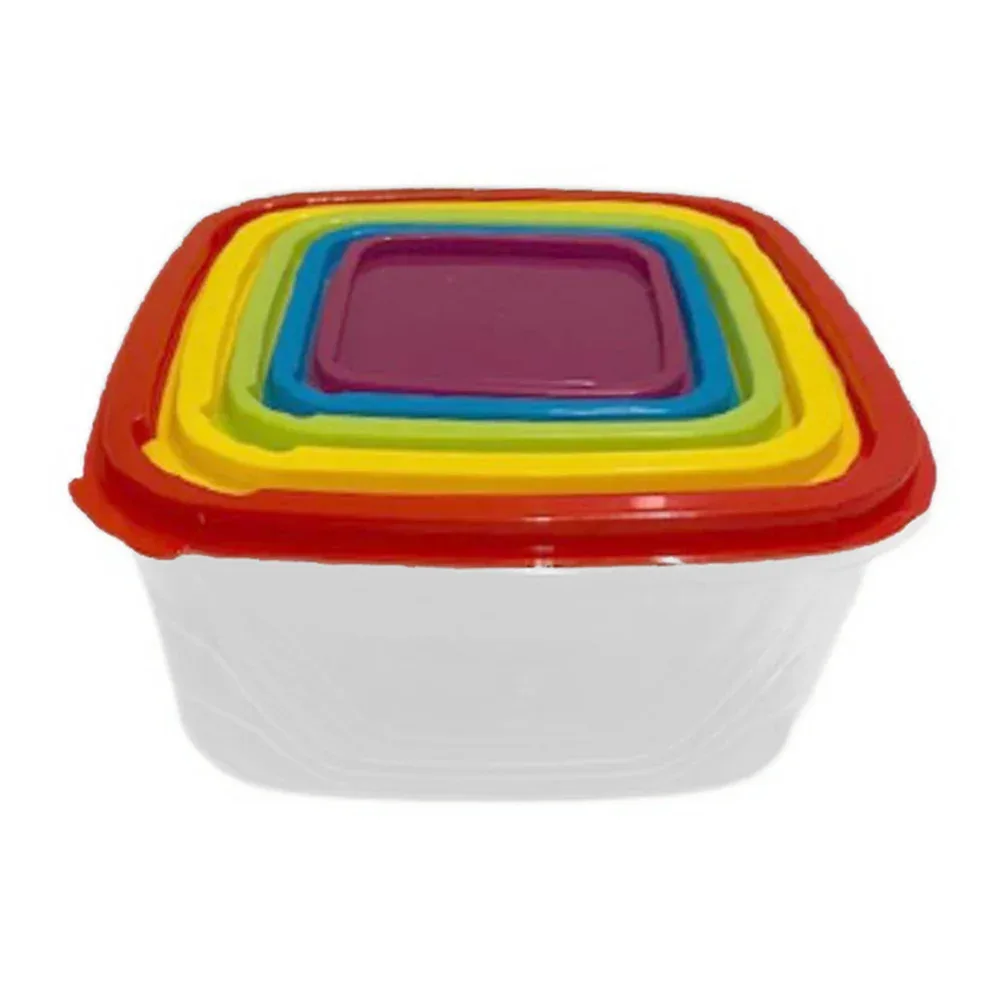 Juego con 5 Tupper cuadrados de plástico transparentes, variedad de colores y tamaños / 23-tp-12156