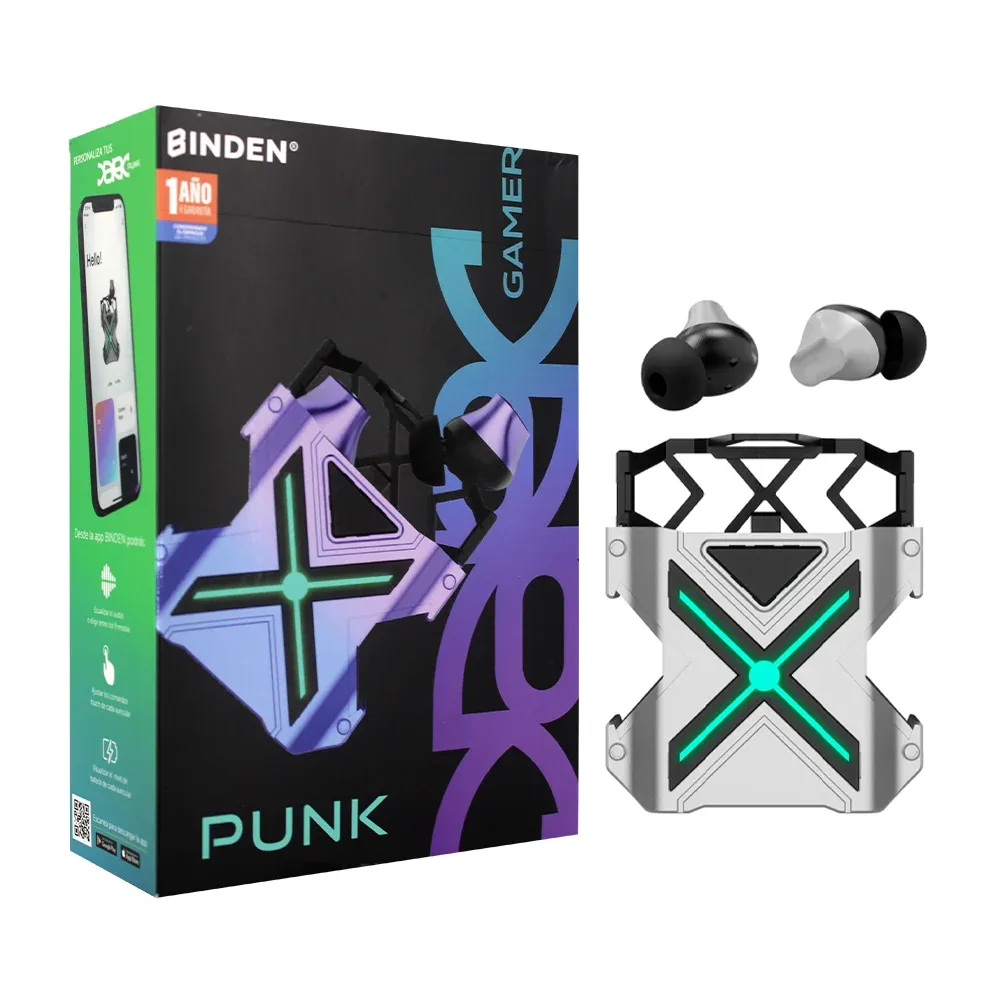 Audífonos inalámbricos gamer estilo chícharo, con almohadillas de silicona, estuche cargador con luz led en forma de x y diseño futurista, variedad de colores / k89-04 / k89-01