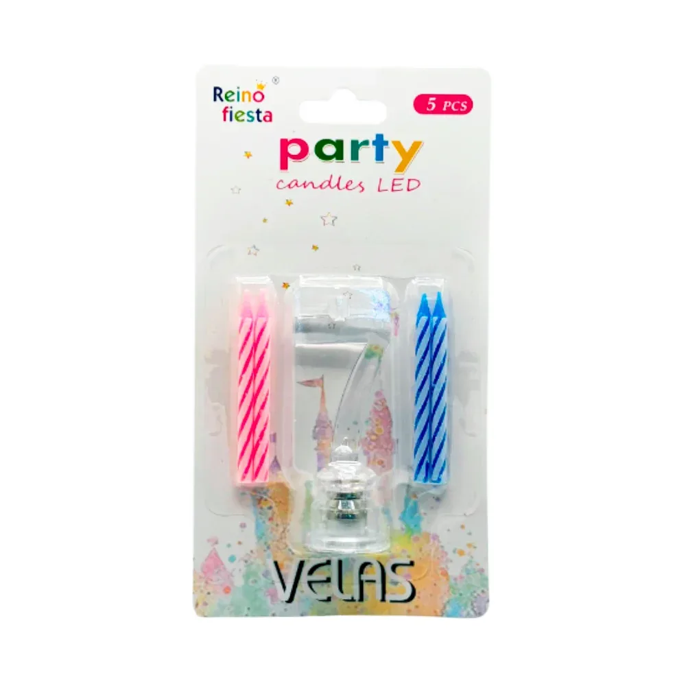Portavelas número 7 transparente led + 4 mini velas / 50464