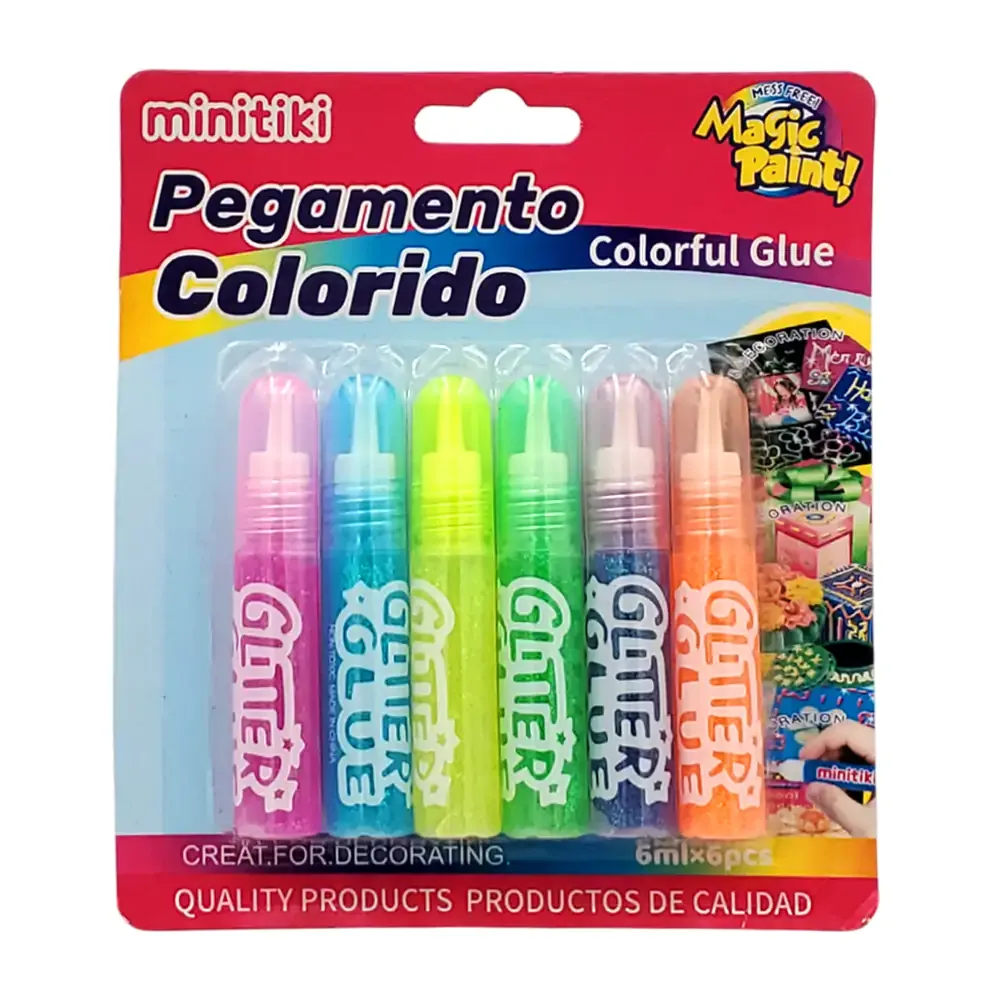 Blíster con 6 mini pegamentos líquidos en distintos colores y glitters, 6ml