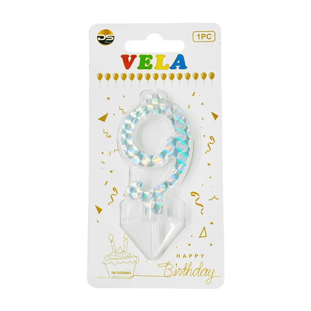 1pza Vela holográfica plateada con el no.9 para pastel de cumpleaños / ds09483