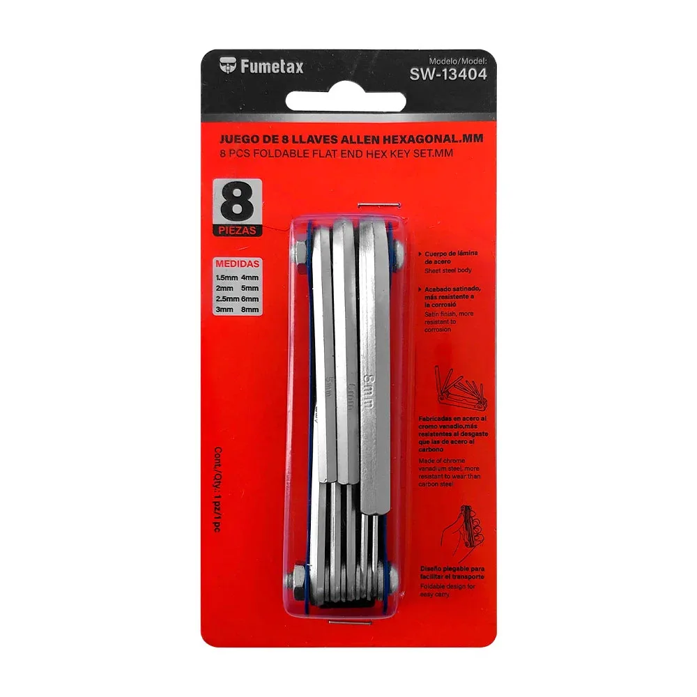 Blíster con juego de 8 llaves allen hexagonales con diversas pulgadas / sw-13404