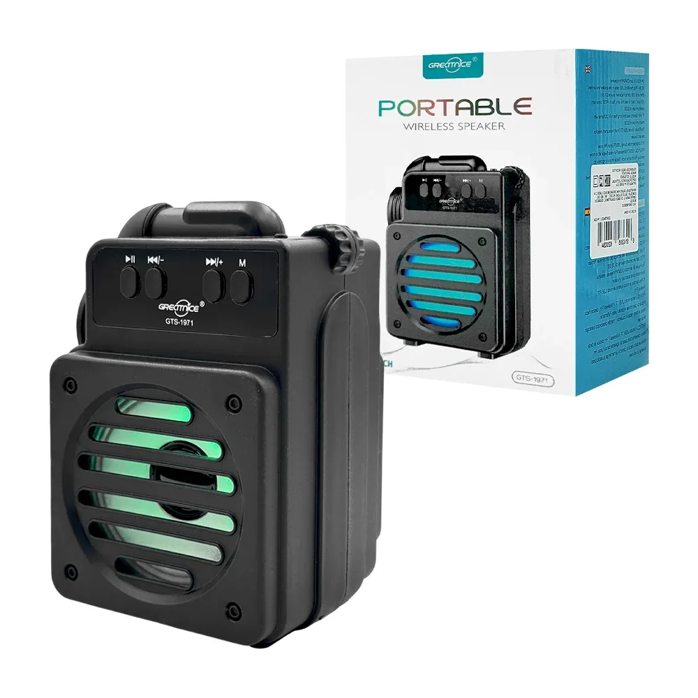 Bocina inalámbrica rectangular de 3 pulgadas con diseño frontal ranurado, luces rgb, puertos entradas usb - tf  / gts-1971 / greatnice