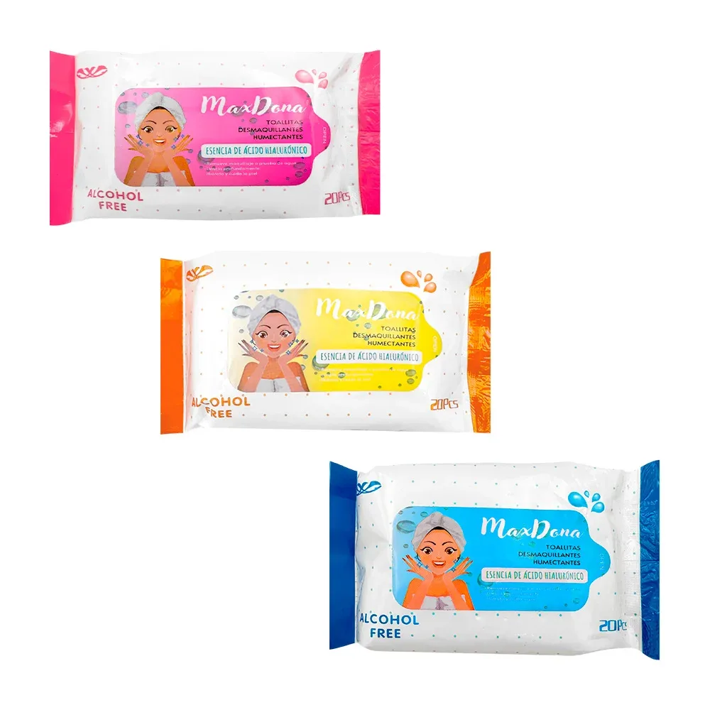 Paquete de 20 toallitas húmedas desmaquillantes y humectantes con esencia de ácido hialurónico, variedad de colores / maxdona / x087
