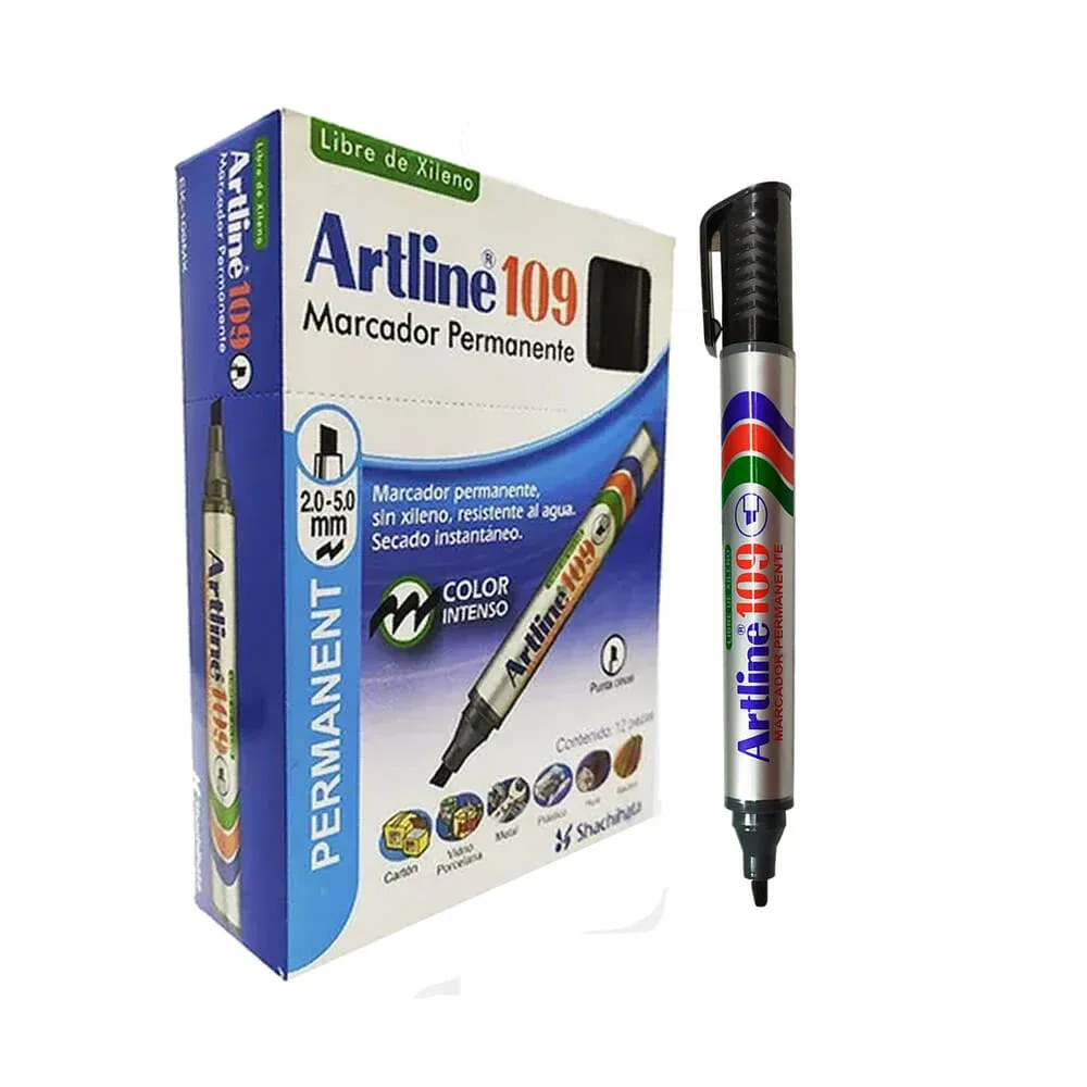 Caja de 12 marcadores permanentes artline 109 con punta cincel color azul 2-5mm / ek-109mx