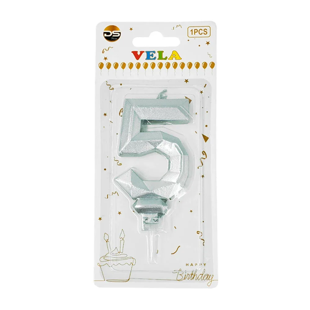 1pza Vela con efecto metálico plateado y forma no.5 para pastel / ds09520