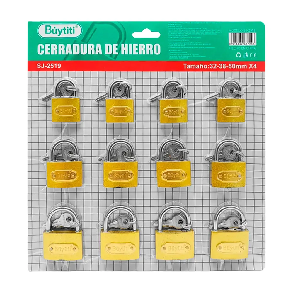 Blíster con 12 candados buytiti metálicos de 32-38-50mm con juego de 3 llaves