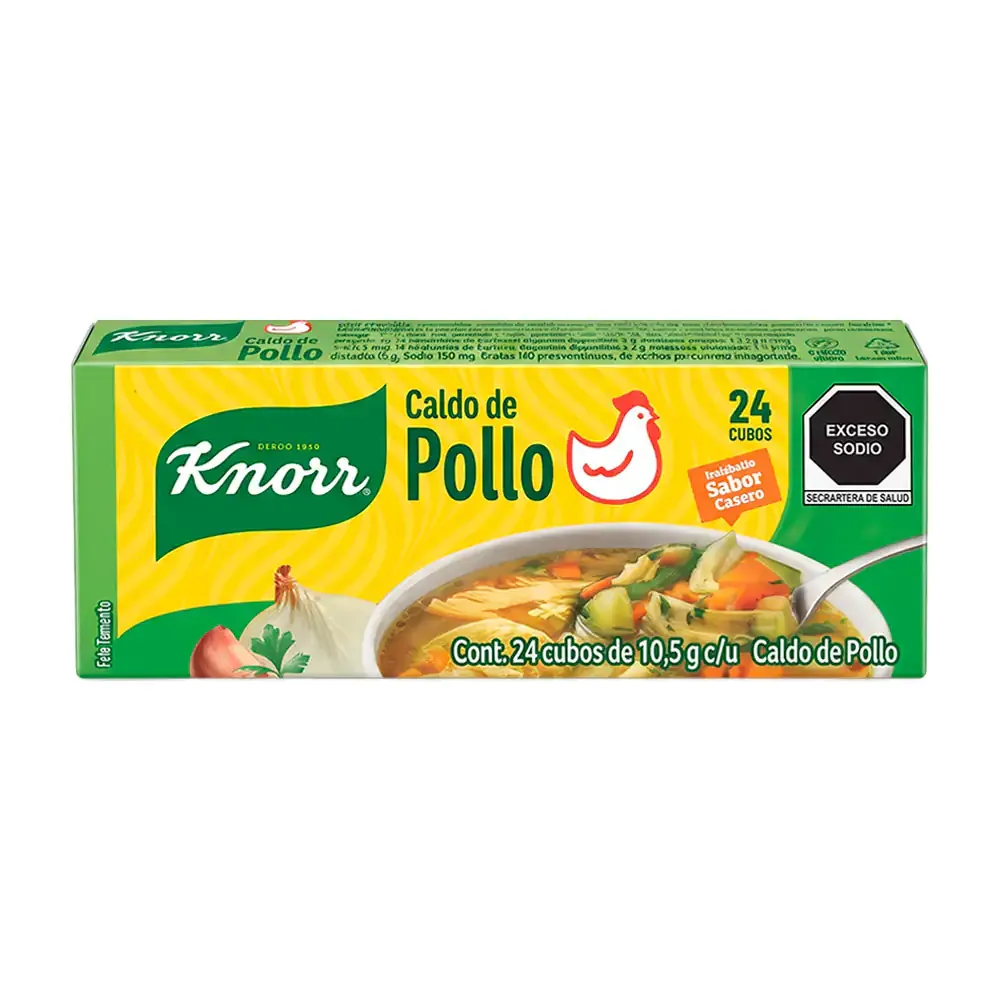 Caja con 24 cubitos de caldo de pollo knorr, 10.5g cada cubo