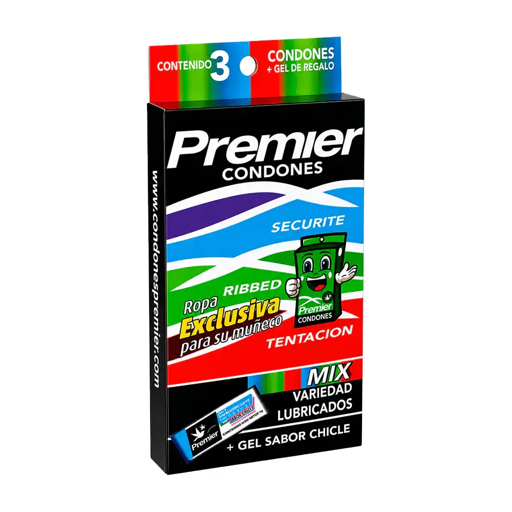 Paquete con 3 condones premier tentación mix + gel lubricante sabor chicle
