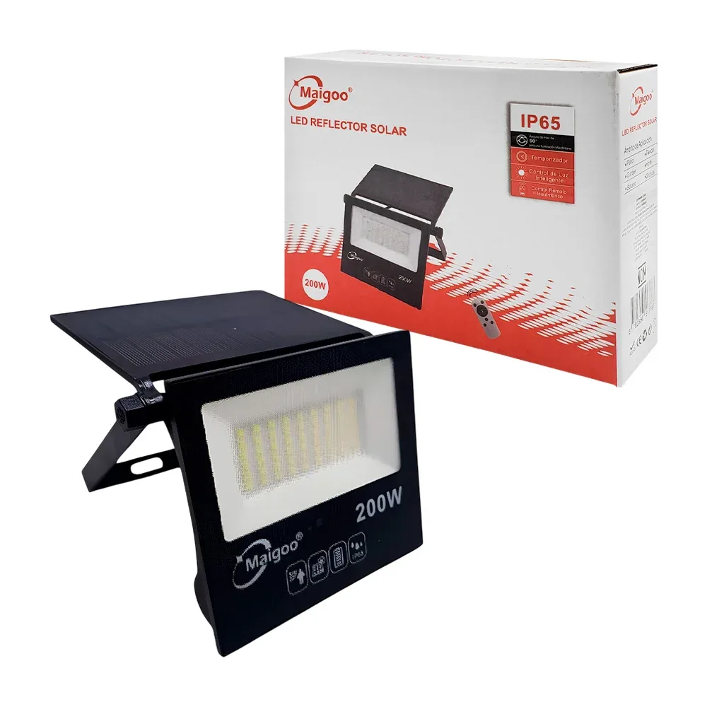 Lámpara reflector con panel solar de uso rudo, 200w ip65, temporizador y control