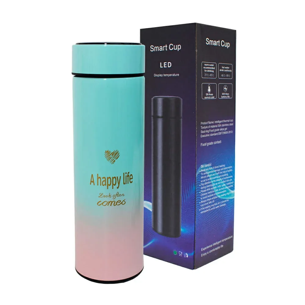 Termo cilíndrico de aluminio con medidor de temperatura en la tapa y frase grabada, variedad de colores / bwb-05