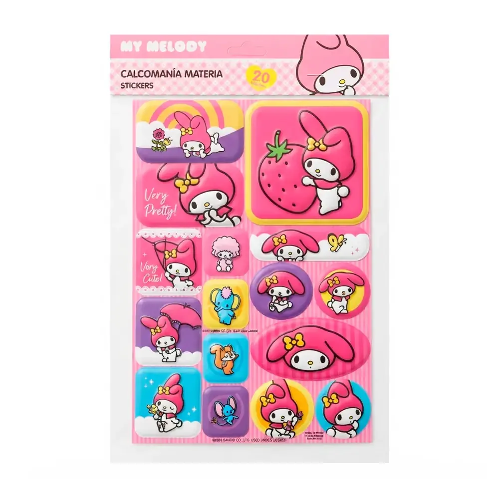 Blíster con 2 planillas de stickers escolares, estampado de my melody, variedad de formas