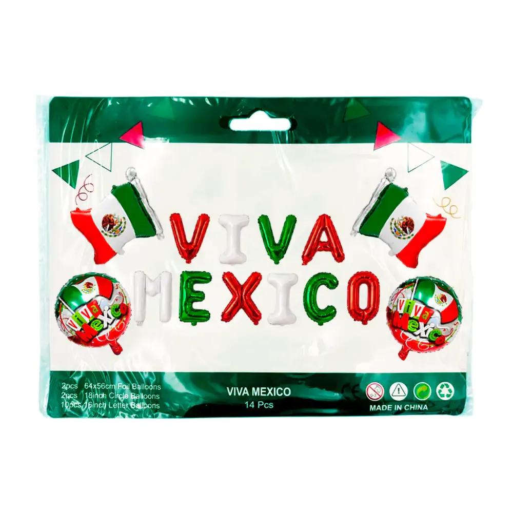 Set de 14 globos con temática mexicana, frase viva méxico, 2 banderas y 2 globos decorativos / v1207