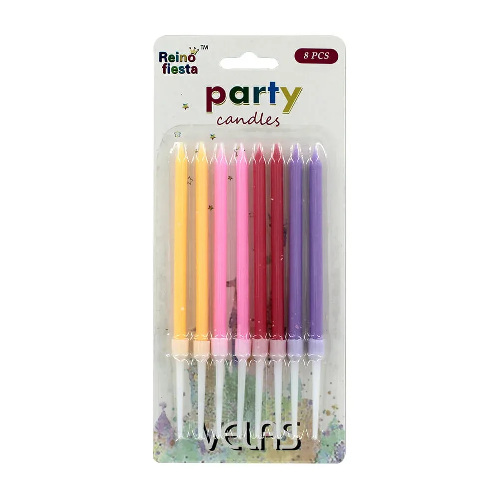 Paquete con 8 velas largas reino fiesta de cera para pastel, variedad de colores / party candle