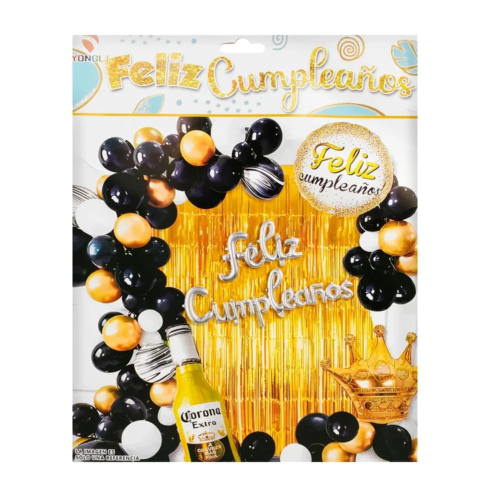 Set decorativo feliz cumpleaños, 47pz globos negros, dorados + globo cerveza