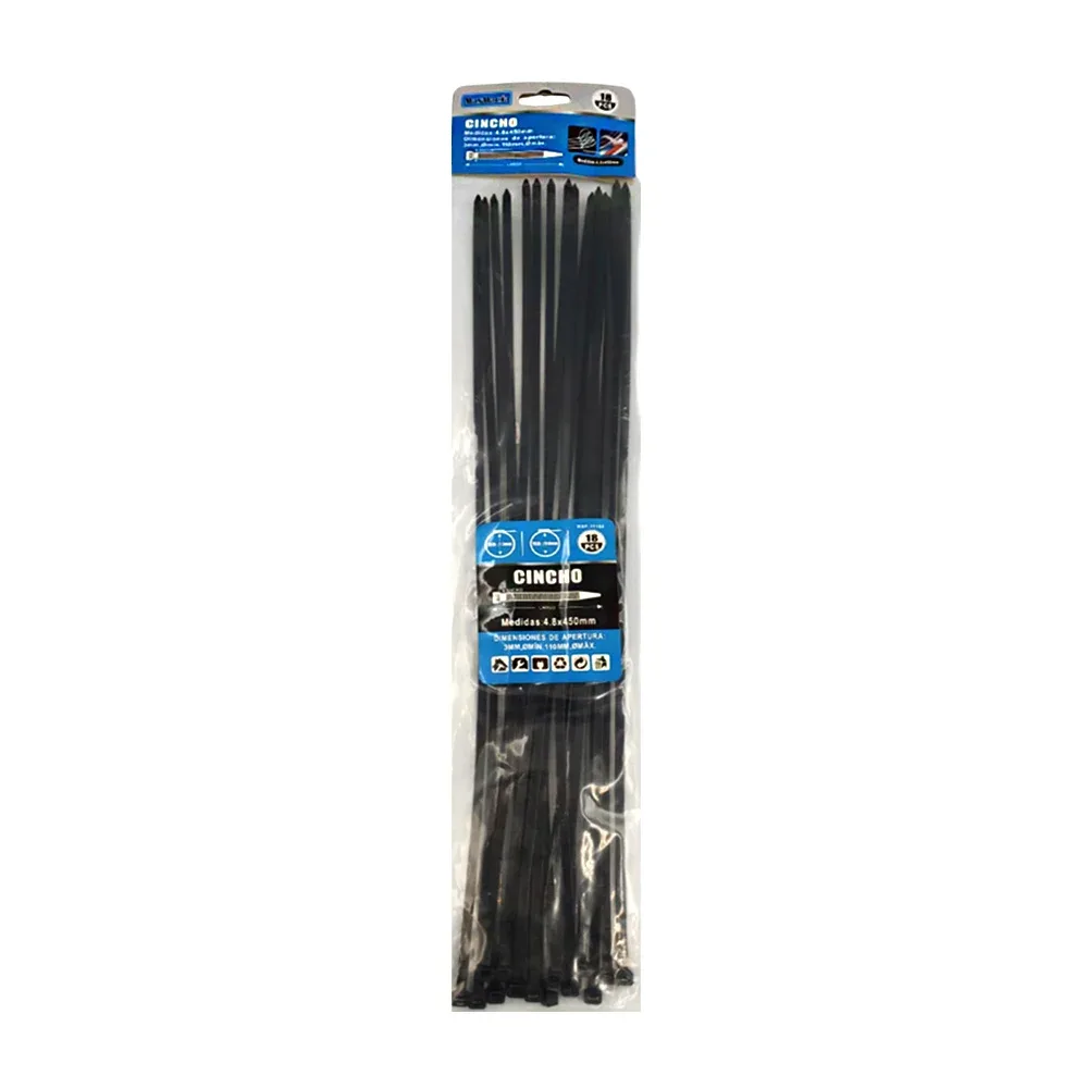 Paquete con 18 cinchos en color negro y medidas de 4.8x450mm, ajustables