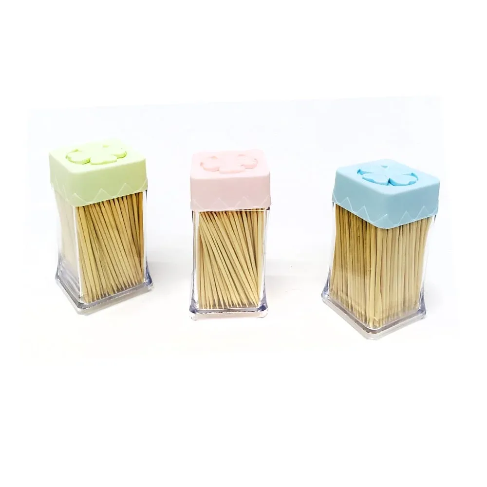1pza bote rectangular con tapadera en forma de trébol de palillos/mondadientes de bamboo, variedad de colores / 23-zn-6329