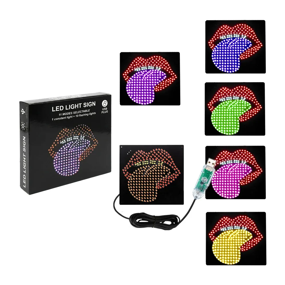 Letrero luminoso de 14x13cm y diseño de labios, 1 luz fija + 10 intercambiables