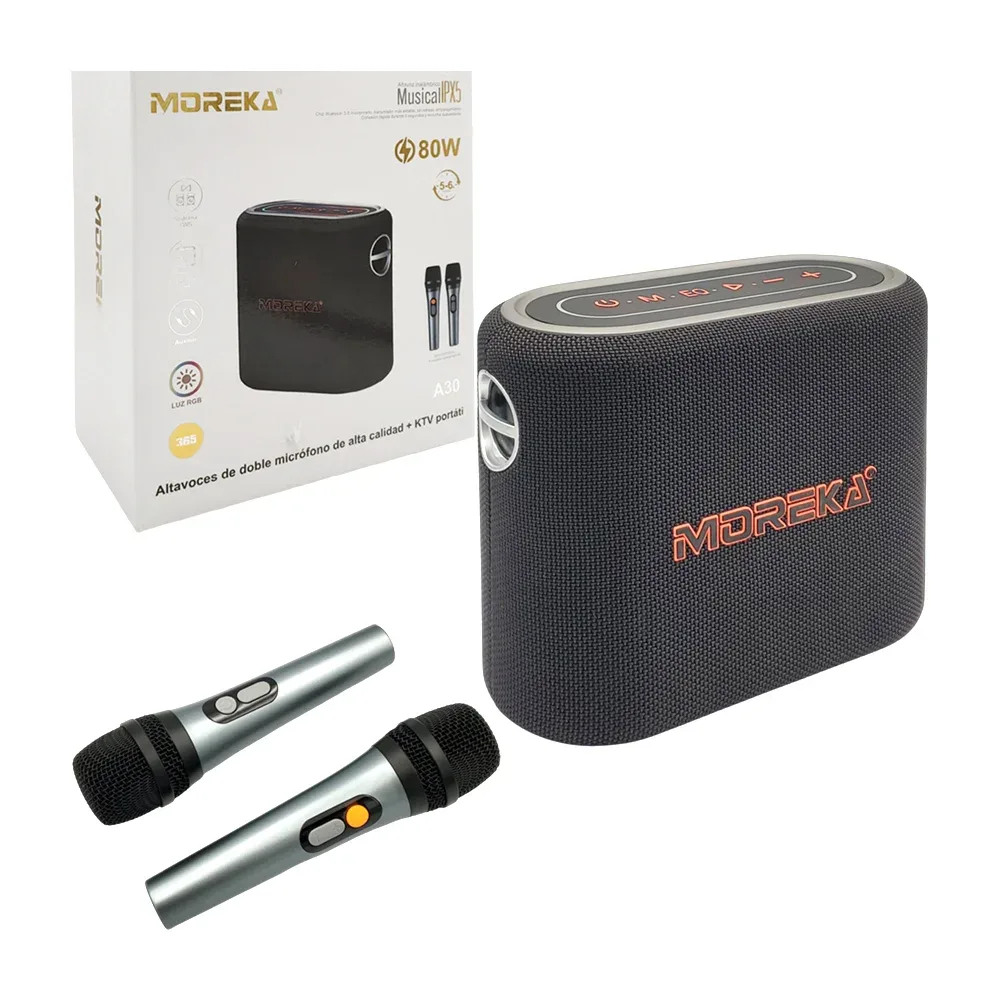 Set de bocina y micrófonos moreka potencia de 80w, 2 micrófonos, control remoto / a30