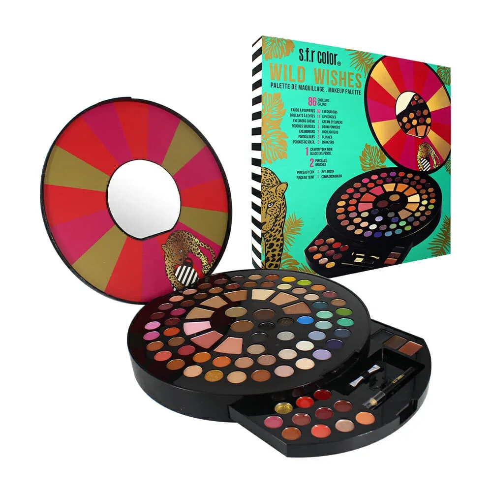 Paleta estuche redondo s.f.r color wild wishes con 60 sombras de ojos, 11 brillos de labios, 3 delineadores en crema, 3 iluminadores, 3 rubores, 3 bronceadores, lápiz color negro para ojos y brocha doble
