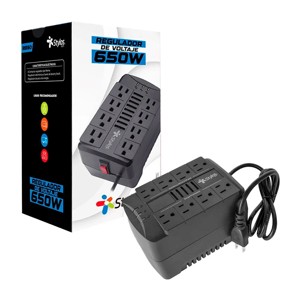 Regulador de voltaje stylos de 650w con 4 contactos de protección de voltaje automático y 4 contactos para sobretensiones, luces led, 156x105x100mm / stre650b
