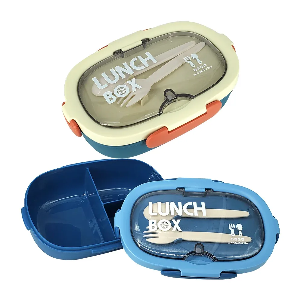 Tupper ovalado con 3 compartimientos y 2 cubiertos, variedad de colores / lunch box / wonderful life
