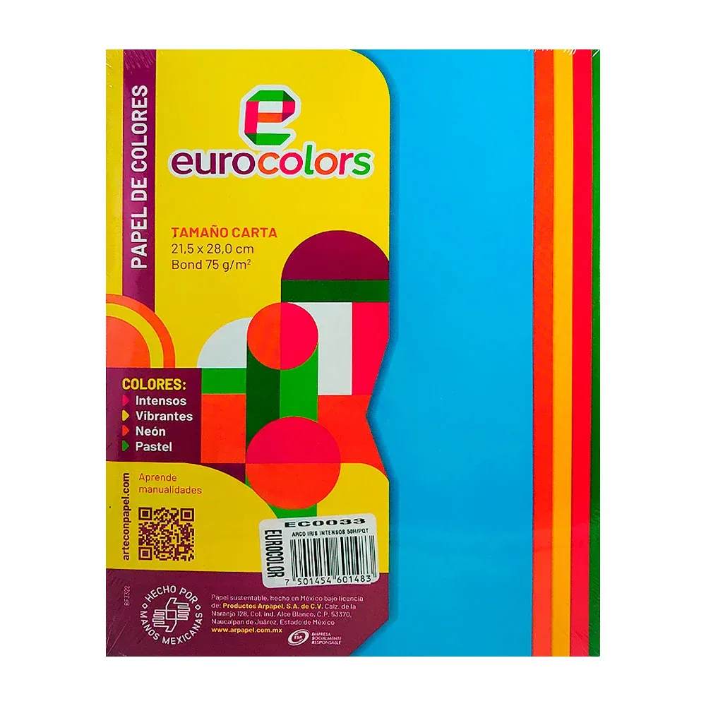 Paquete con 50 hojas eurocolors tamaño carta, color surtido / ec0033