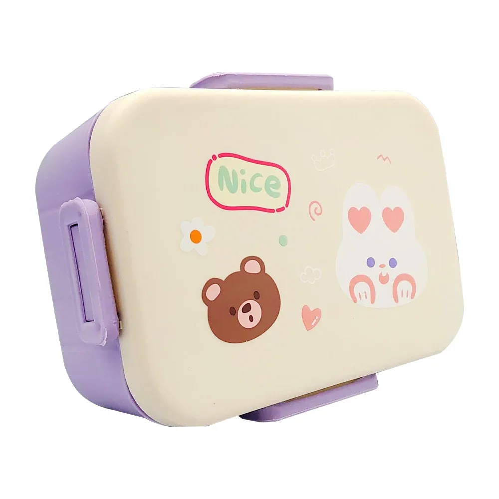 Tupper rectangular de plástico con 2 compartimientos y 2 cubiertos + estampado kawaii, variedad de colores / 90372