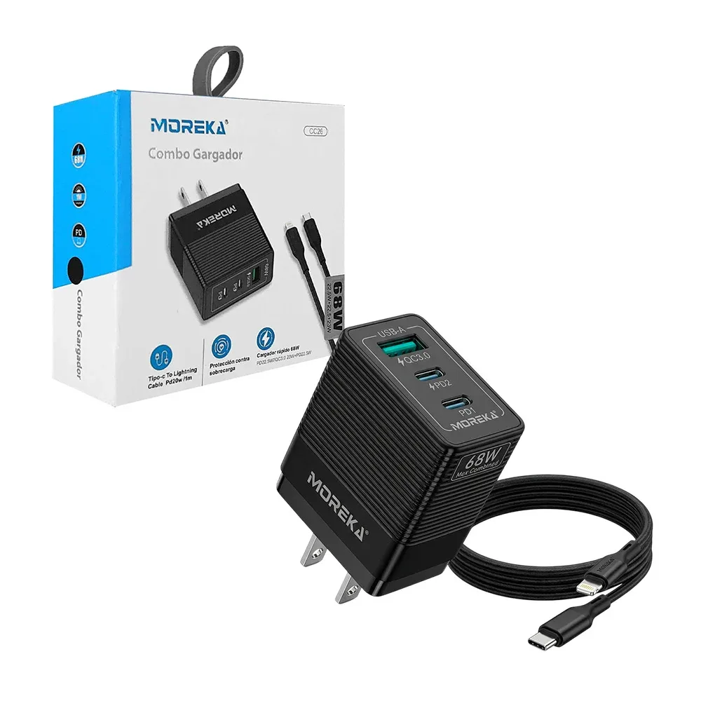 Combo cubo cargador moreka de carga rápida con puerto usb y 2 tipo c + cable de 1 metro con entrada tipo c a lightning, 68w / cc26