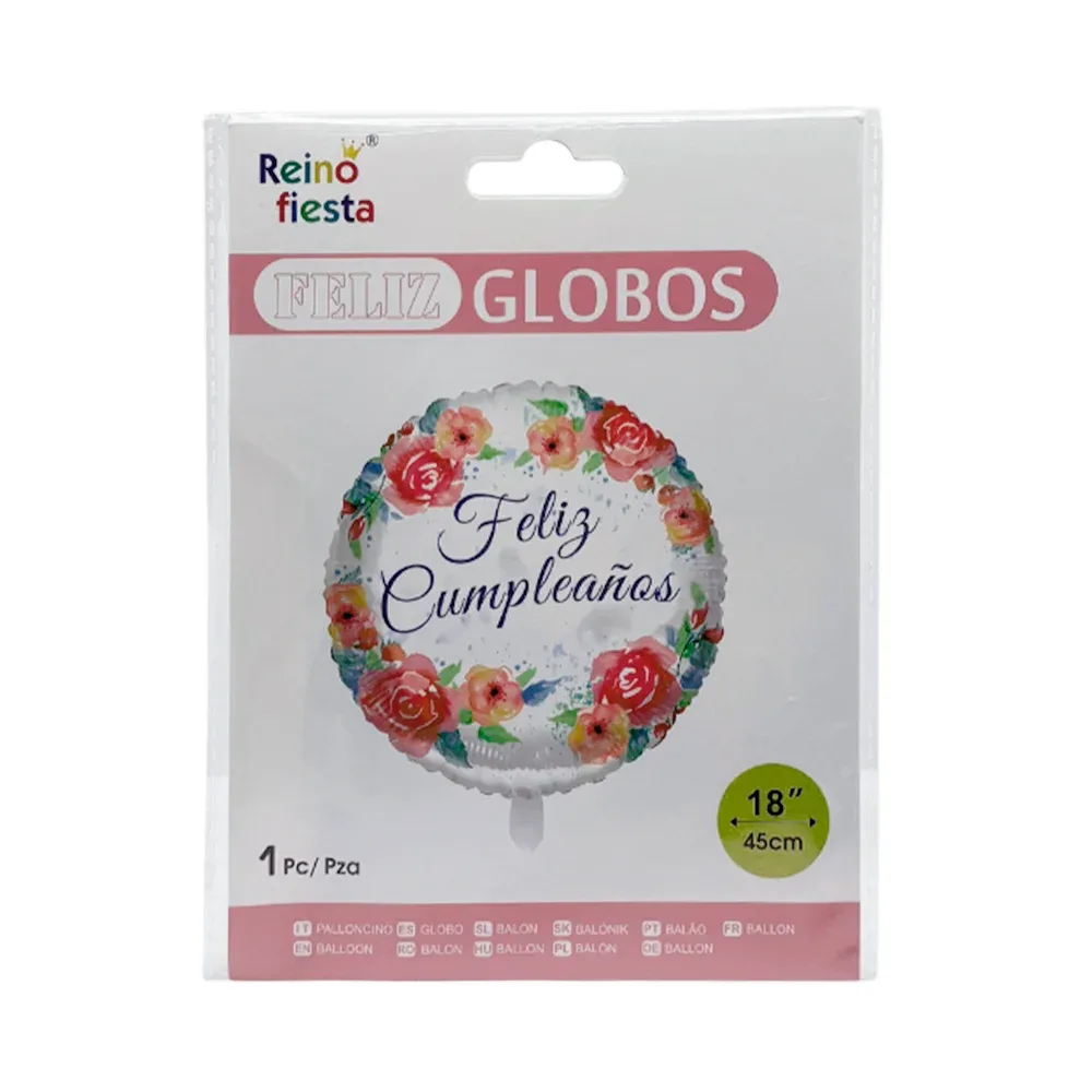 1pz globo redondo de feliz cumpleaños y flores, 18´-45cm / 61706