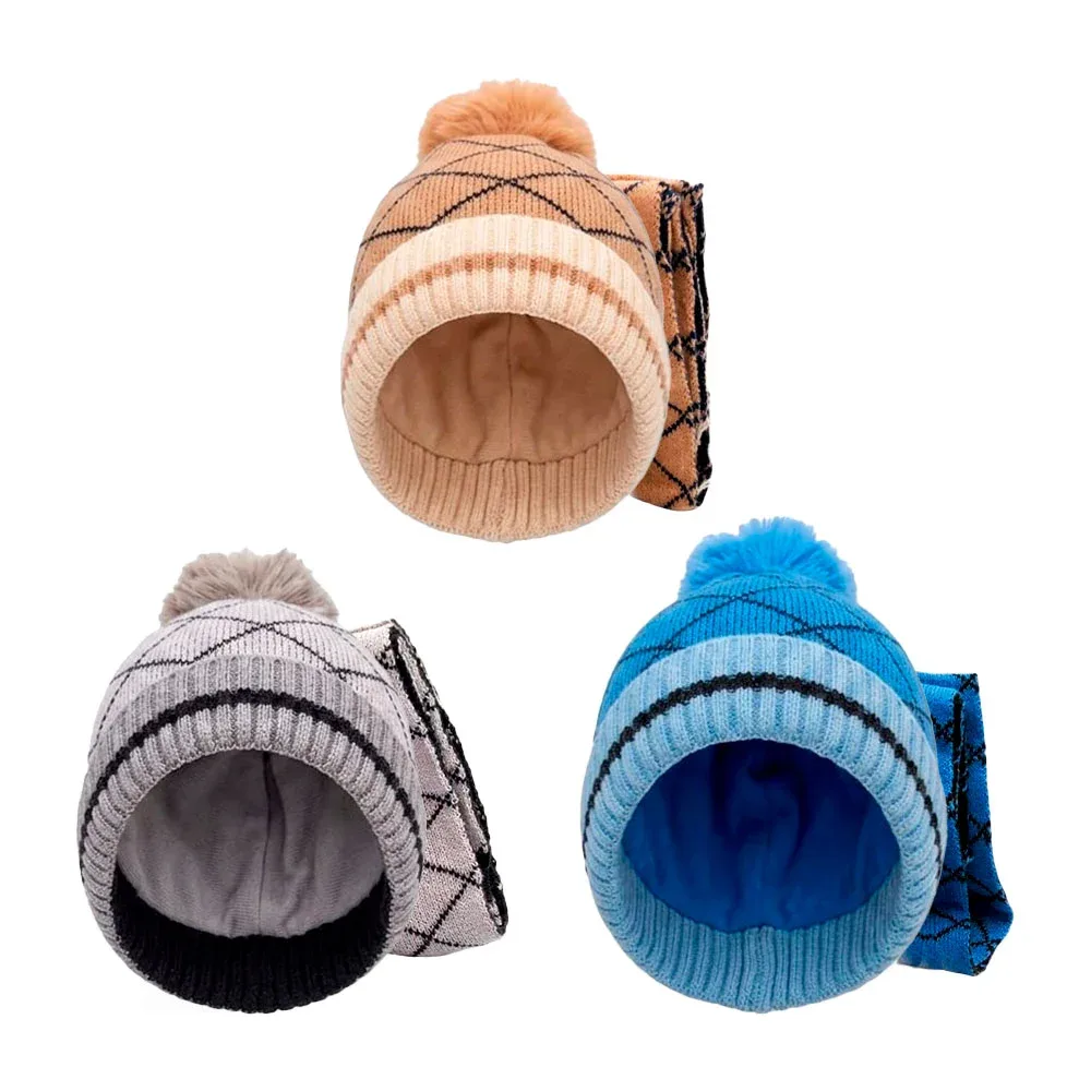 Gorro y bufanda afelpado con diseño de rombos, variedad de colores / ym-71