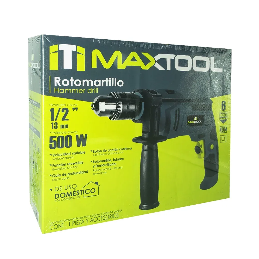 Rotomartillo maxtool para uso domestico con broquero de 1/2 pulgada - 13mm, mango lateral, juego de carbones, 500w / hammer drill / 390102