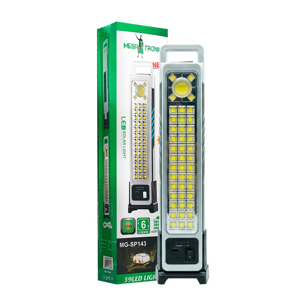 Lámpara led tipo reflector de 30w recargable con panel solar y 6 modos de luz
