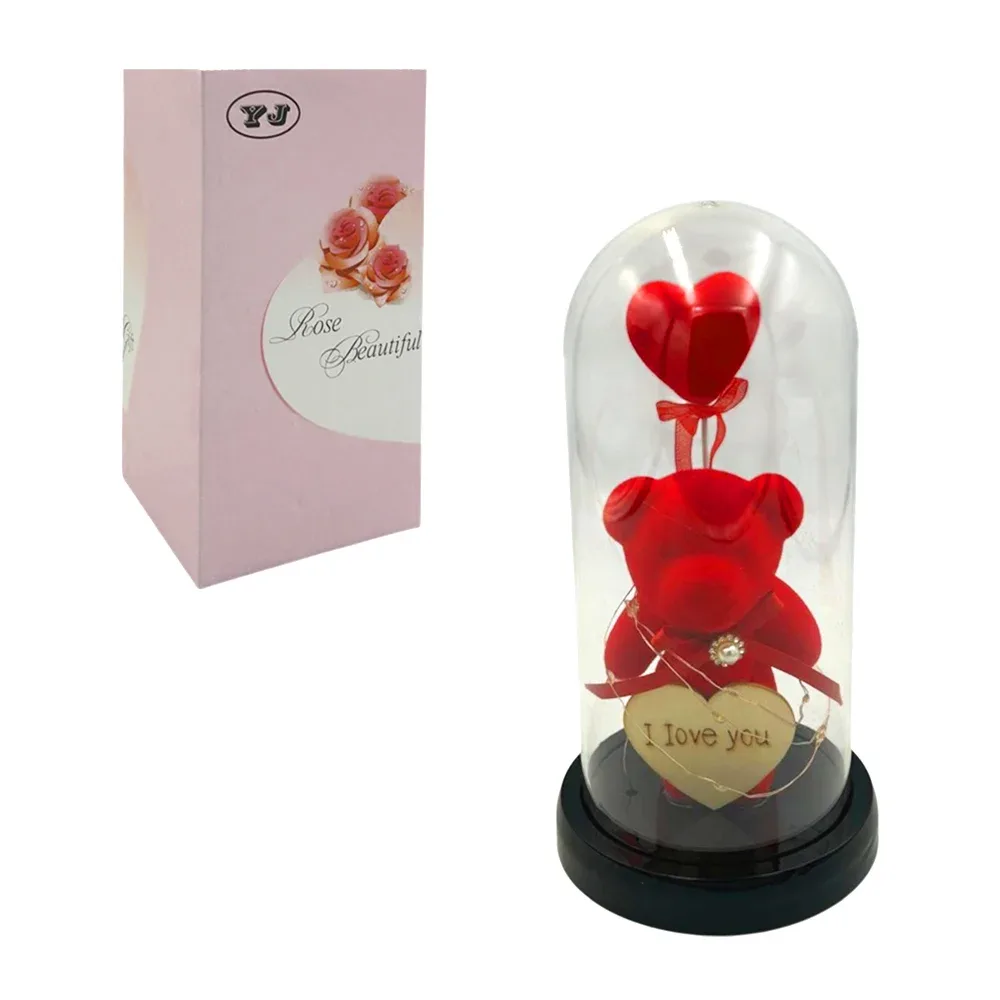 Oso de terciopelo encapsulado, con corazón de madera I love you y luz led cálida o fría / rose beautiful gift / 17551