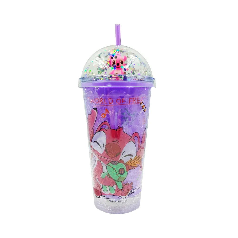 Vaso de acrílico con efecto hielo, luces led, popote, tapa tipo domo con diamantina + estampado de stitch, variedad de modelos / a24036q