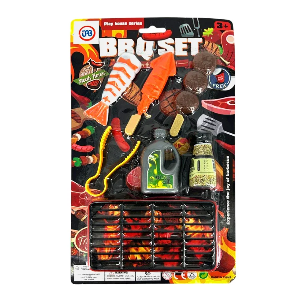 Blíster bbq set con parrilla, brochetas de carne, pinzas, aceite y salero de juguete, variedad de modelos / gdl3177