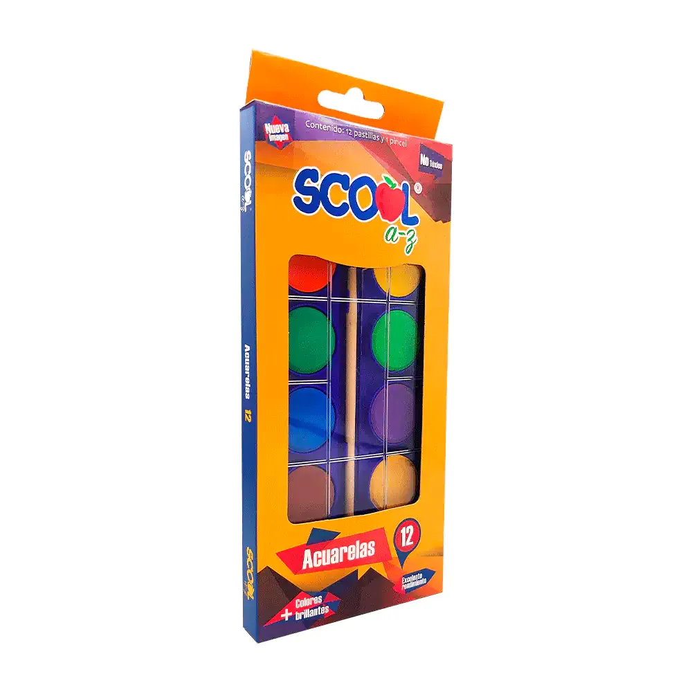 Estuche con 12 acuarelas redondas scool de diferentes colores + pincel / 9142