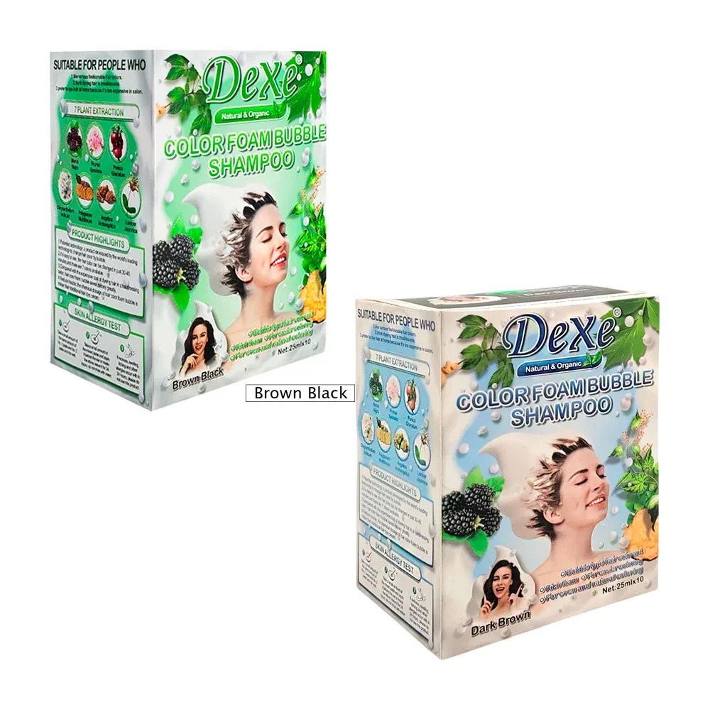 Paquete con 10 sobres de shampoo dexe, 25ml con tinte orgánico cafe-negro oscuro
