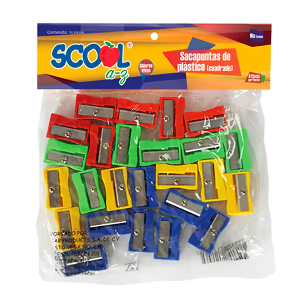 Paquete scool a-z de 25 sacapuntas de plástico cuadrados, variedad de colores