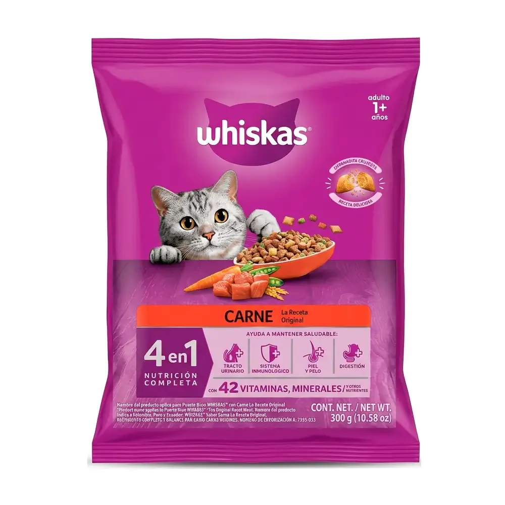 Croquetas whiskas 4 en 1 sabor carne para gatos adultos, 300g / 5949