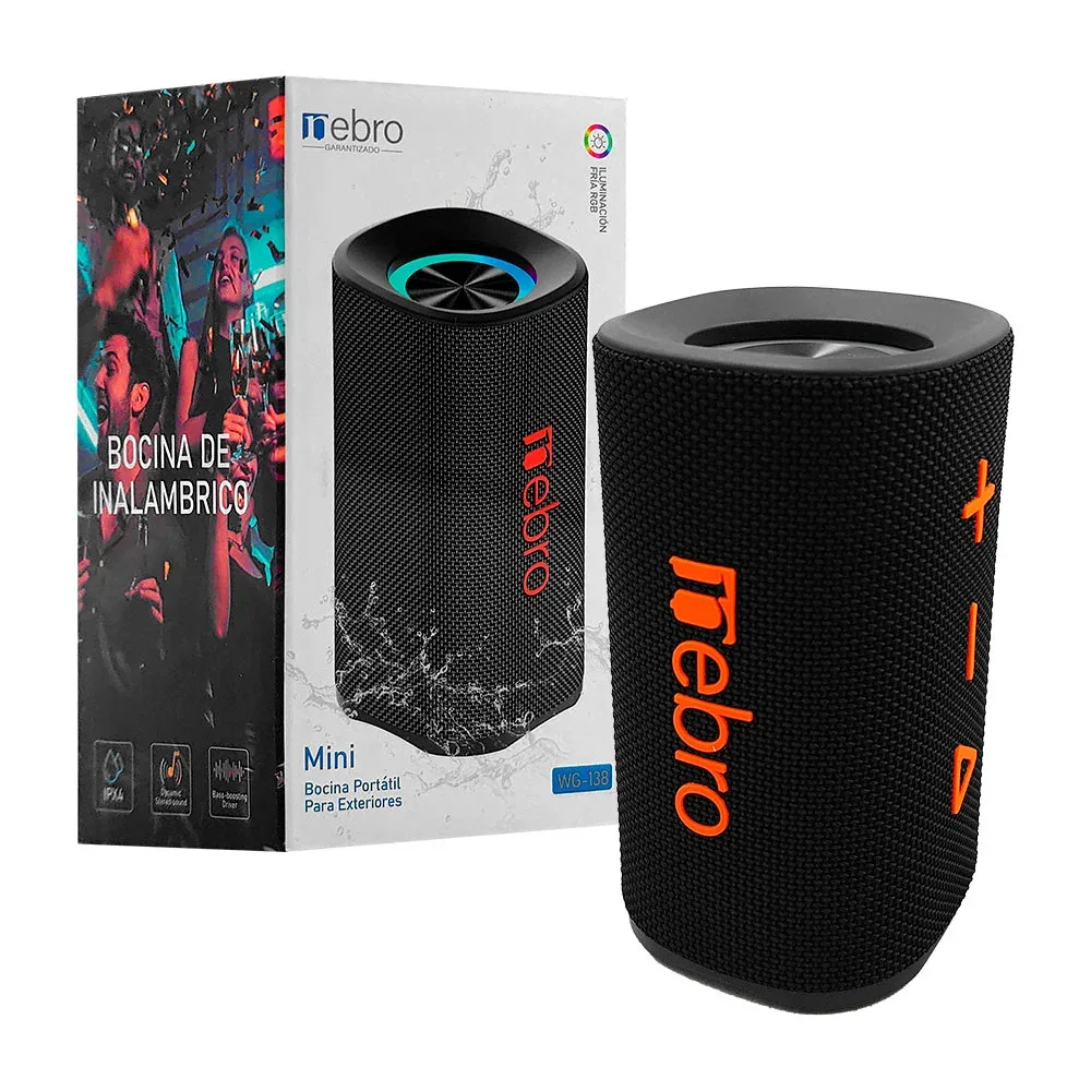Bocina nebro cilíndrica, inalámbrica, portátil, sonido envolvente + luz rgb