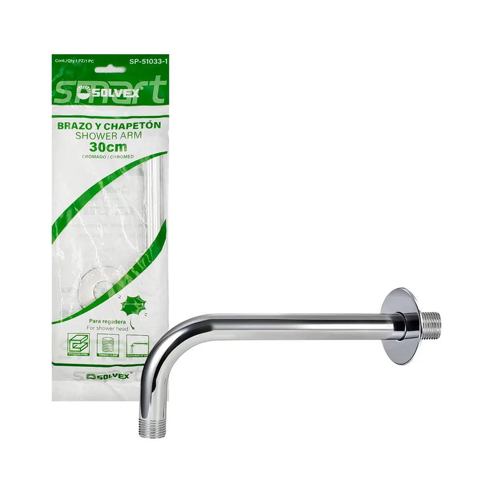 Brazo y chapetón cromado solvex de acero inoxidable para regadera, 30 cm