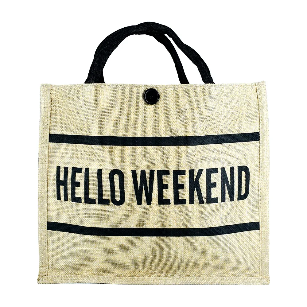 Bolsa ecológica mediana de tela tipo yute con frase estampada 33x29x15cm / hello weekend / 22-8