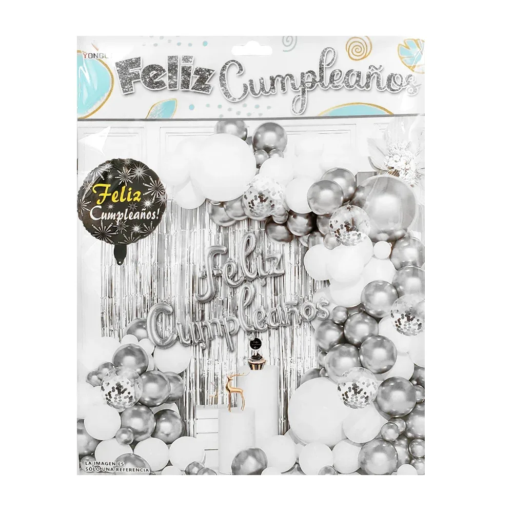 Paquete de 63 globos, plata, blanco, con globo feliz cumpleaños + cortina