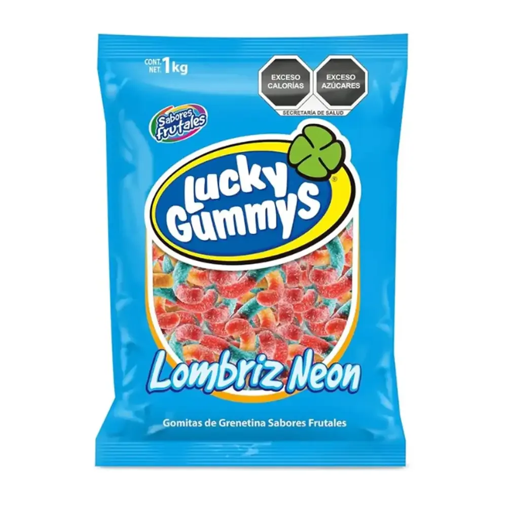 Bolsa con 1kilo de lombrices neón lucky gummy en sabores frutales con azúcar / 100045